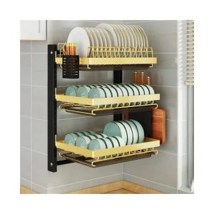 Stainless steel 3 layer gold wall mounted dish rack