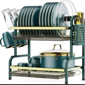 Green and gold plate rack