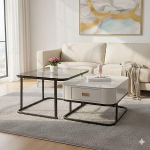 Real Marble and Tempered Glass Twin Center Table with Drawer
